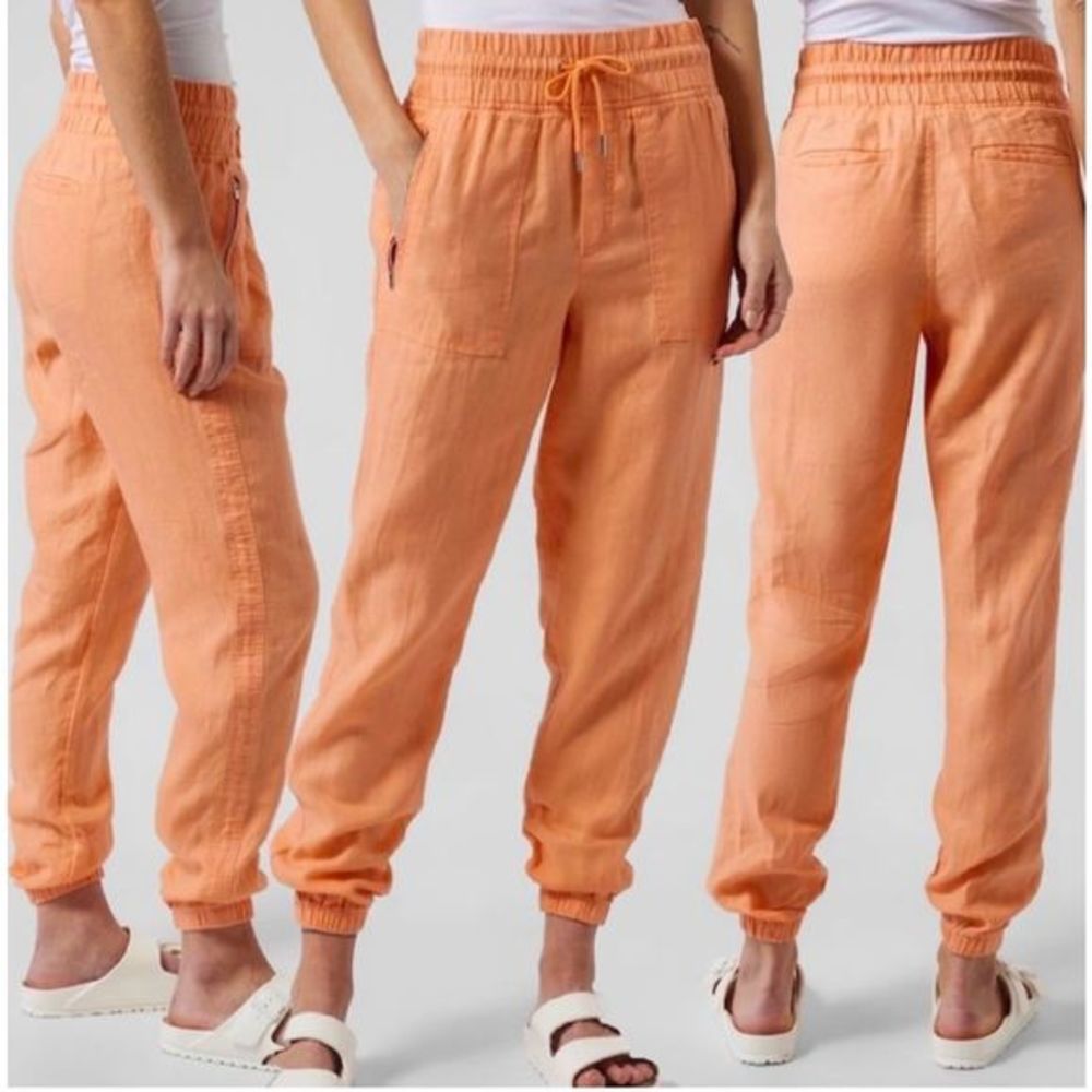 Athleta Womens Cabo Linen Joggers Peach Orange Drawstring Waist Pants 12 Large